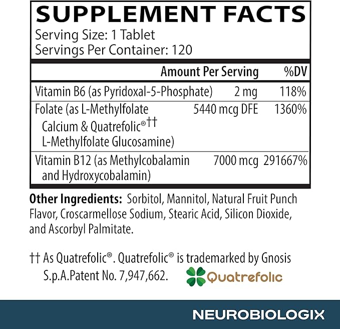 Neurobiologix Methylation Complete Methylated B Complex with Methylfolate Vitamin B12 &amp B6 Daily Energy Immune &amp Cellular Health Support for Kids &amp Adults Gluten Free 120 Chewable Ta
