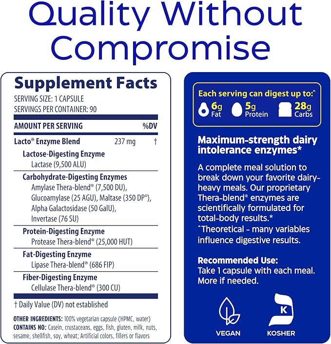 Enzymedica Lacto Digestive Enzymes for Men &amp Women - Lactose Intolerance Support Supplement with Lactase Enzyme Breaks Down Dairy Heavy Meals Helps Reduce Gas &amp Bloating Gluten Free - 90 Ca