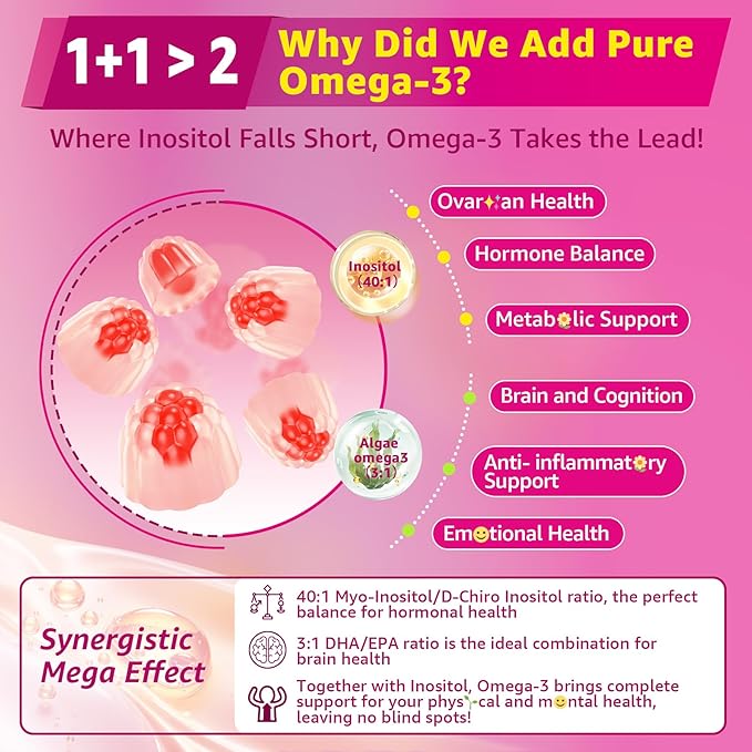 Myo-Inositol &amp D-Chiro Ideal 40:1 Inositol + Omega-3(3:1) Gummies Hormone Balance for Women | Sugar Free Inositol Gummies w/Omega 3 DHA:EPA (3:1) Inositol Supplement for Cycle Health Vegan 60