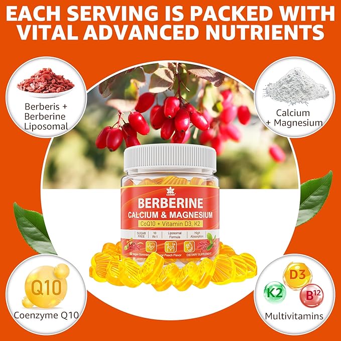 LILICARE Berberine Gummies Sugar Free Extra Absorption with Liposomal Berberine &amp Berberine HCI Calcium Magnesium AMPK Activitor for Sugar &amp Level Energy MetabolismVegan Pack of 1