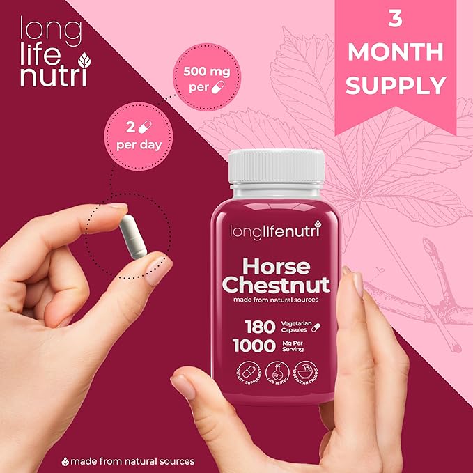 LongLifeNutri Horse Chestnut Extract 500mg - 180 Vegetarian Capsules Organic Supplement for Daily Wellness &amp Circulation 3-Month Supply GMP Certified Made in USA