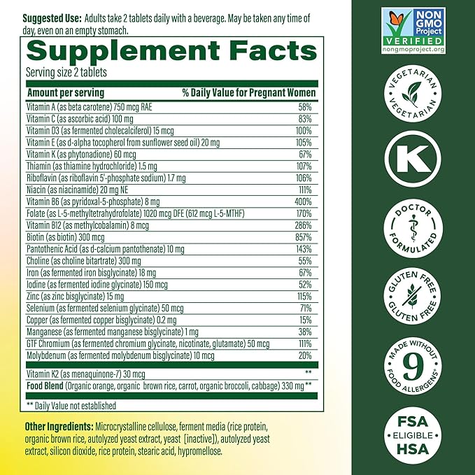 MegaFood Baby &amp Me 2 Prenatal Vitamin and Minerals - Vitamins for Women - with Folate (Folic Acid Natural Form) Choline Iron Iodine and Vitamin C Vitamin D and more - 120 Tabs (60 Servings)