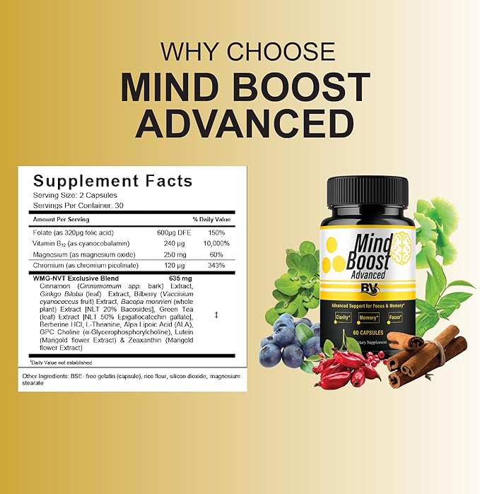 BLUE VIBE Mind Boost Premium Health &amp Wellness Nootropic Supplement MindBoost Advanced All Natural Health Management &amp Overall Wellness Support Supplement Formula Pills (3 Pack - 180 Capsules