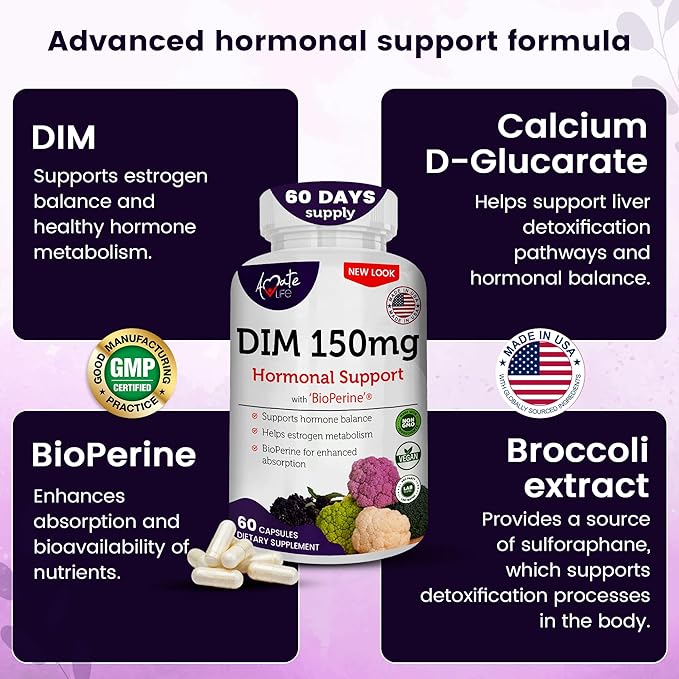 Women’s DIM Complex 150mg - Bioperine Estrogen Balancing Pills for Menopause &amp Hot Flashes Relief Support Hormonal Acne Powerful Supplement - Pack of 2 (60 Count per Bottle) Made in USA