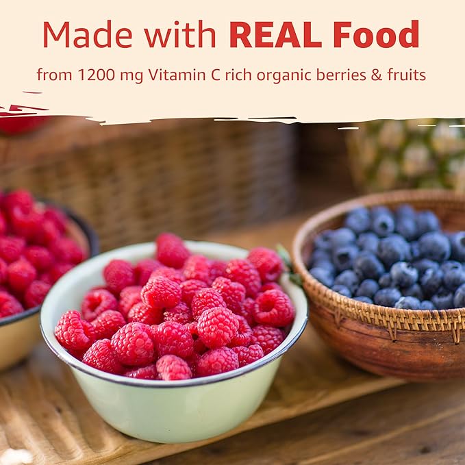 Organic Vitamin C Gummies 120mg for Adults Sugar Free Daily Immune Defense Raw Antioxidant 100% Whole Food Chewable Vitamin C Supplement from 1200mg Berries &amp Fruits for Collagen Vegan 60 Co