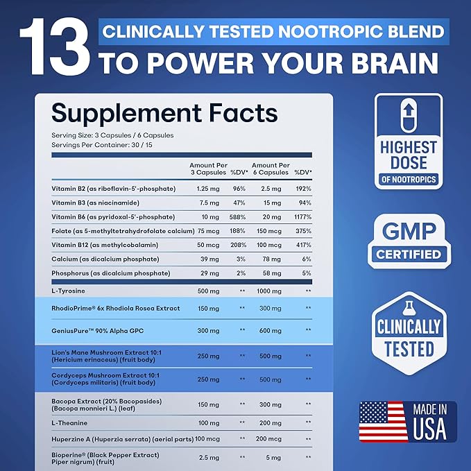 Nootropic Strongest Focus Supplement - Clinically Backed Ingredients Made in USA - Scientifically Backed Doses - Supplement for Brain Fog - AlphaGPC Lions Mane Rhodiola and More 10:1 90 Capsules