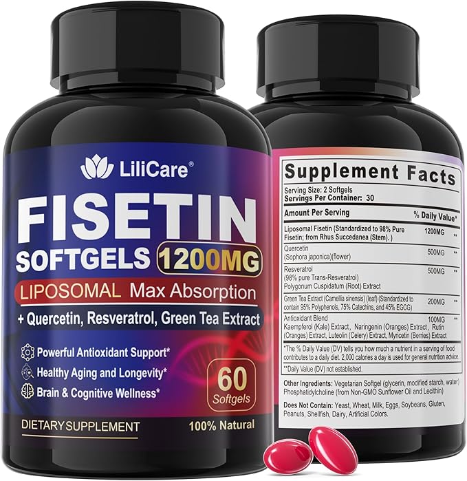 LILICARE Fisetin Supplement - Liposomal Super Absorption 98% Pure 1200mg with Quercetin Resveratrol Green Tea Extract for Healthy Aging &amp Longevity Skin Health Brain &amp Antioxidant - 60 Sof