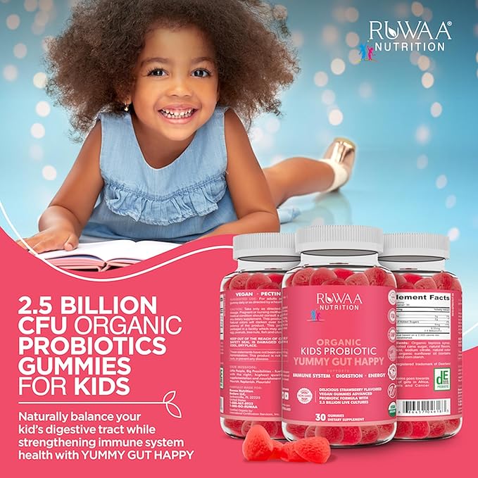 RUWAA NUTRITION Kids Organic Probiotic Gummies for Digestive Health Immune Support Constipation Bloating. 2.5 Billion CFU Strawberry Flavor Chewable Probiotics for Children Ages 4+ 30ct (1)