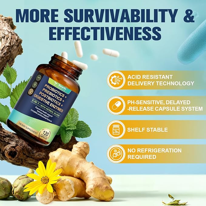 Totaria (2 Packs) 5-in-1 Probiotic Prebiotic &amp Postbiotic for Women Men 60 Billion CFU 24 Strains w/Digestive Enzymes Slippery Elm Daily Complete Gut Health Digestive &amp Immune Support