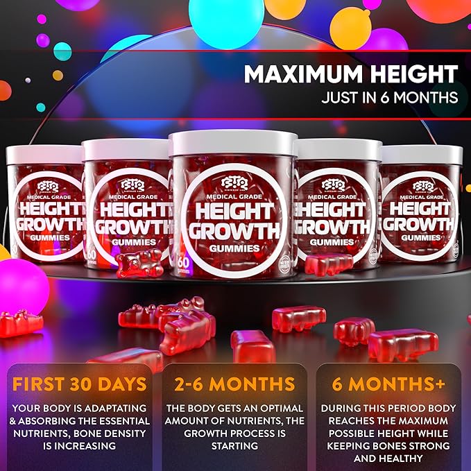 BIOTEQUELAB Height Growth Increase Gummies Vitamins Grow Tall Supplement Calcium Magnesium Zinc Ashwagandha Glucosamine Multivitamin for Teens Kids Adults