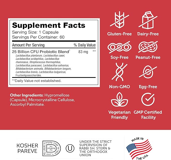 Zahler BioDophilus25 25 Billion CFU Probiotic + Prebiotic - 11 Strains Daily Probiotic Supplement - Kosher Probiotics for Women for Digestive Health Probiotics for Men for Gut Health (60 Capsules)