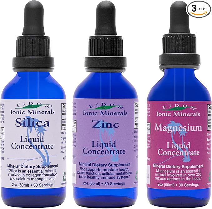 Eidon Ionic Minerals Liquid Silica Zinc &amp Magnesium Drops Variety Pack - Silica Zinc &amp Magnesium Supplements All-Natural Trace Minerals No Preservatives or Additives - 2 oz Pack of 3