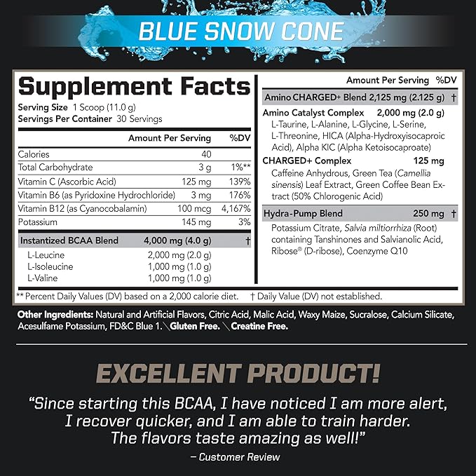 PMD Sports BCAA Charged Delicious Amino Acid Drink Mix for Performance Recovery Endurance and Hydration - Increase Muscle Function for Workout and Daily Energy – Blue Snow Cone (30 Servings)
