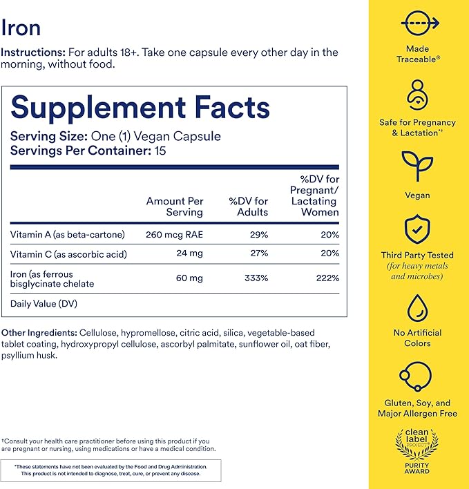 Ritual Iron Bisglycinate Supplement - 60mg - Gentle Support for Women with Low Iron Levels &amp Blood Boosting** - 48-Hour Dosing Routine - Plus Vitamin A C - Vegan - Citrus - 15 Capsules - 15 Servi