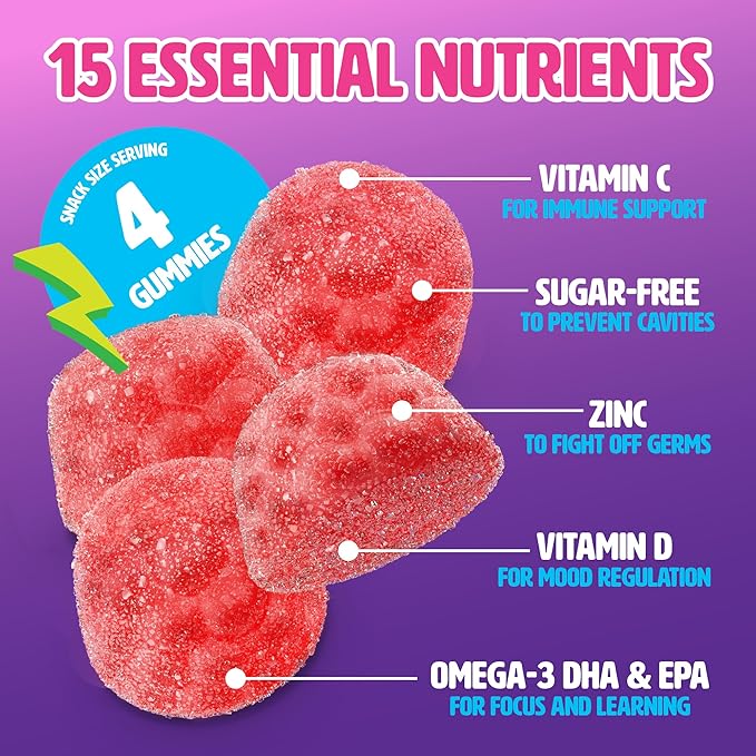 Slow-Crafted Sugar-Free Kids Multivitamin Gummies with Allulose | Kid-Approved Mixed Berries | for Immunity Growth Focus &amp Mood | Healthy Clean No Artificial Color or Flavor 120 Ct