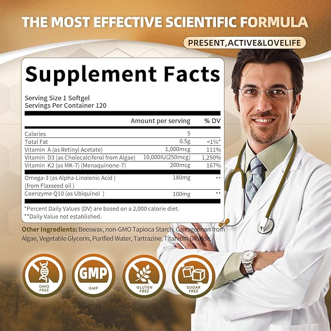 GREENPEOPLE Vitamin D3 K2 Softgel - 5-in-1 D3 K2 Vitamin 10000 iu 200 mcg K2 MK7 VIT A Omega-3 &amp CoQ10 for Ultimate Absorption - K2 D3 Vitamin Supplement Support Ca Absorption Heart &amp Bone