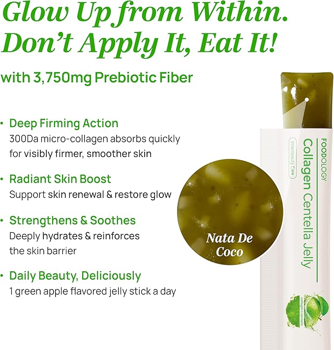 FOODOLOGY Collagen Centella Jelly (Green Apple) – Collagen Peptide with PDRN – Biotin Vitamin A &amp E for Skin Glow Hair &amp Nails – Korean Beauty Supplement – 10 Sticks