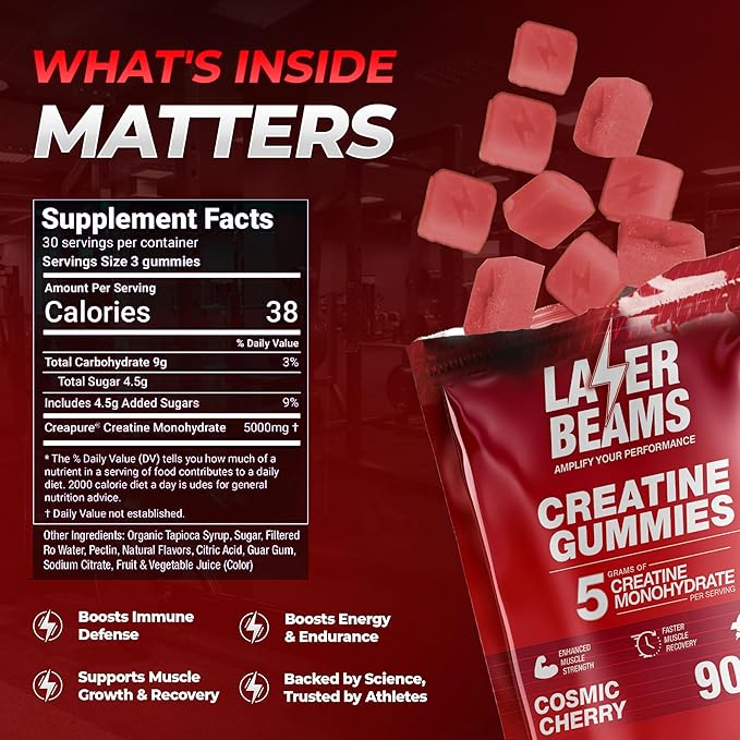 Creatine Monohydrate Gummies for Women &amp Men - 5g Creapure Creatine per Serving - Vegan Cosmic Cherry Flavor - Boost Muscle Strength Endurance Recovery &amp Mental Focus (90 Gummies)
