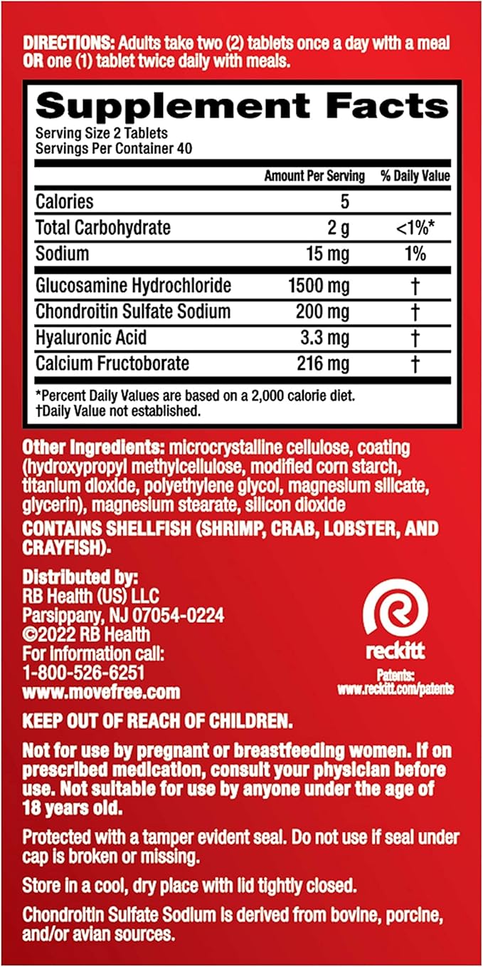 Move Free Advanced Glucosamine Chondroitin + Calcium Fructoborate Joint Support Supplement Supports Mobility Comfort Strength Flexibility &amp Bone - 80 Tablets (40 servings)*