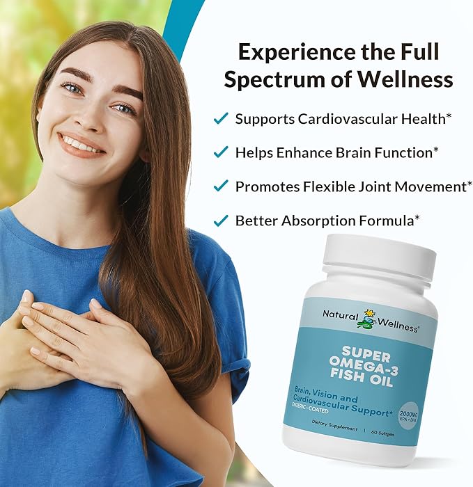 Natural Wellness Super Omega-3 Fish Oil – 600mg EPA &amp 400mg DHA – High Potency Omega 3 Fish Oil Supplement for Heart Brain Joint &amp Immune Health – Purified Enteric-Coated Softgels 60 Count