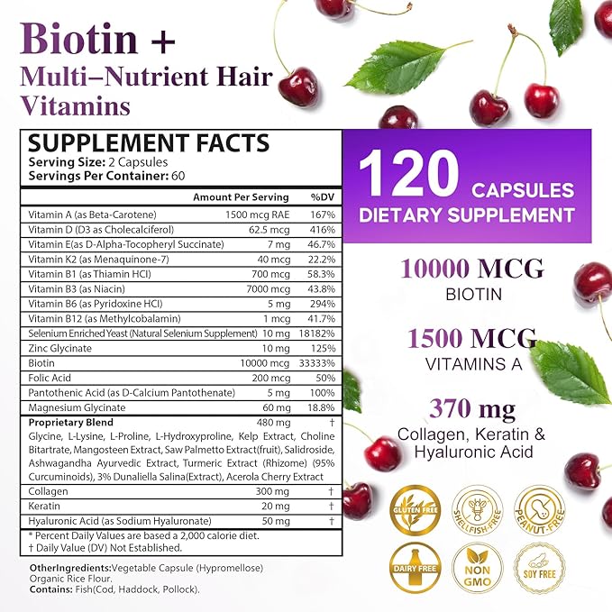Biotin 10000MCG Hair Growth Support for Women &amp Men with Collagen &amp Keratin – Hair Skin &amp Nails Vitamins with Multivitamins &amp Minerals – 120 Capsules (2-Month Supply)