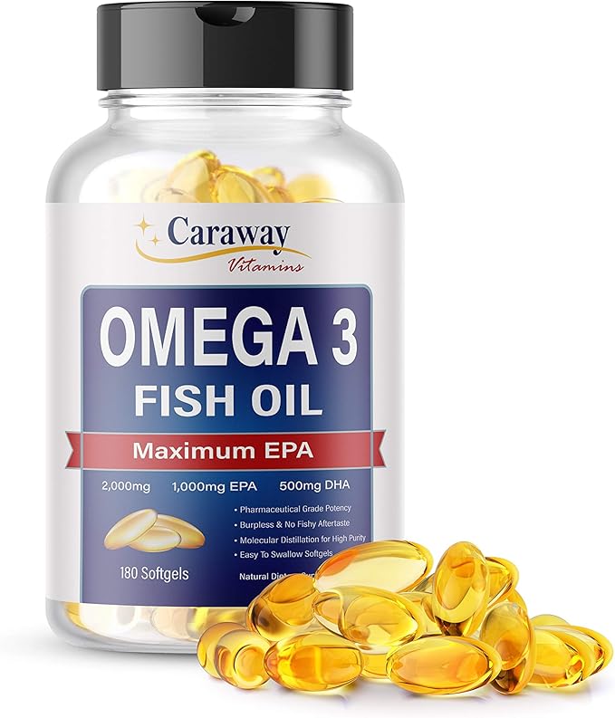 Omega 3 Fish Oil 2000mg- Pharmaceutical Grade. 1000mg EPA 500mg DHA. Burpless Capsules with No Fishy Aftertaste. All Natural Organic Non GMO Gluten Free for Men &amp Women.