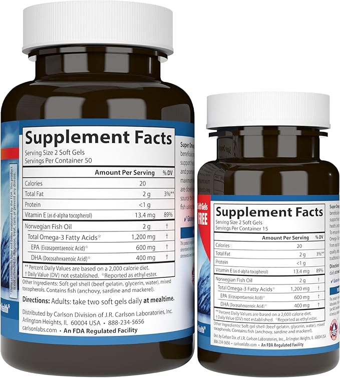 Carlson - Super Omega-3 Gems 1200 mg Omega-3 Fatty Acids with EPA and DHA Wild-Caught Norwegian Supplement Sustainably Sourced Fish Oil Capsules Omega 3 Supplements 100+30 Softgels