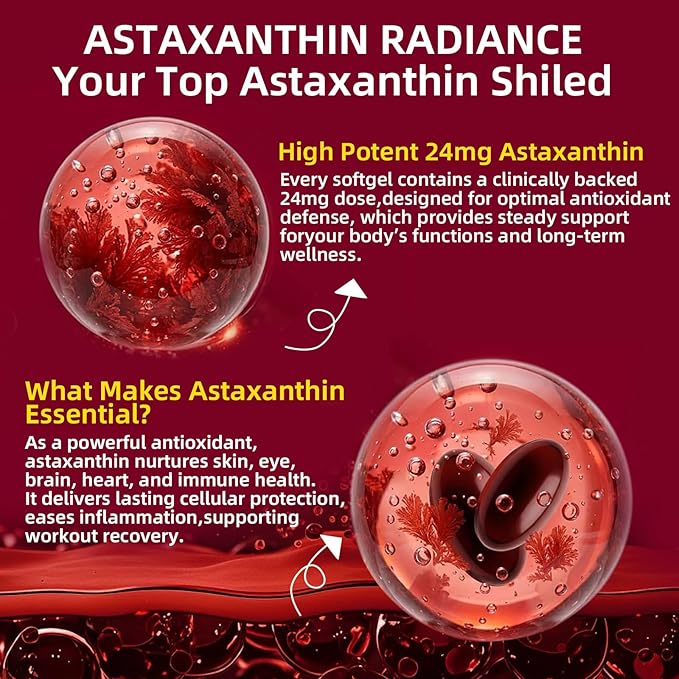 Astaxanthin 24mg Premium Astaxanthin Antioxidant Supplements with MCT Oil Ashwagandha Extract Supports Eye Skin Immune Internal Circulation Microalgae Source Triple Strength - 300 Softgels