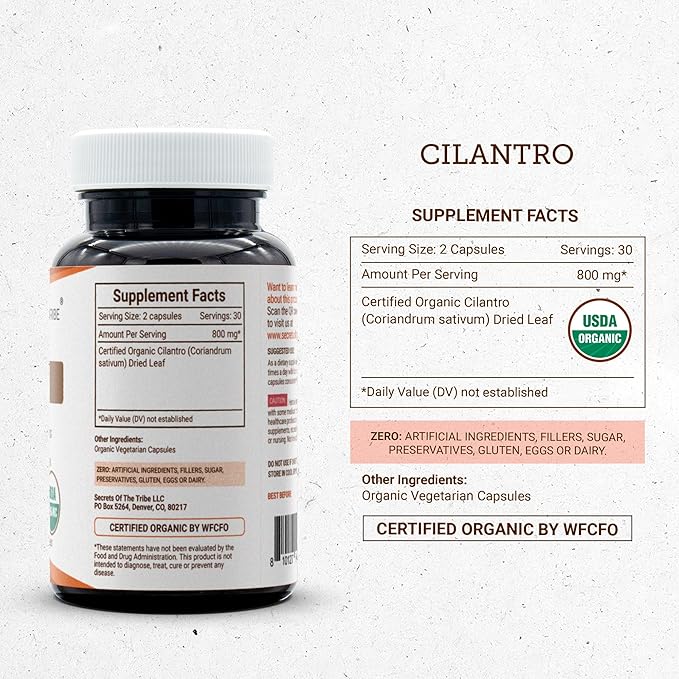 Secrets of the Tribe Cilantro USDA Organic Capsules | Certified Organic Vegetarian Capsules Herbal Dietary Supplement | Coriandrum Sativum Dried Leaf (60 Count)