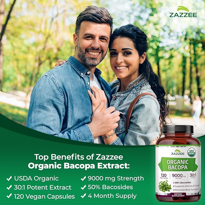 Zazzee Herbal Mind &amp Memory Support Bundle | USDA Organic Bacopa 30:1 Extract Plus Alpha GPC Choline Capsules | Non-GMO Vegan &amp ISO Lab Tested
