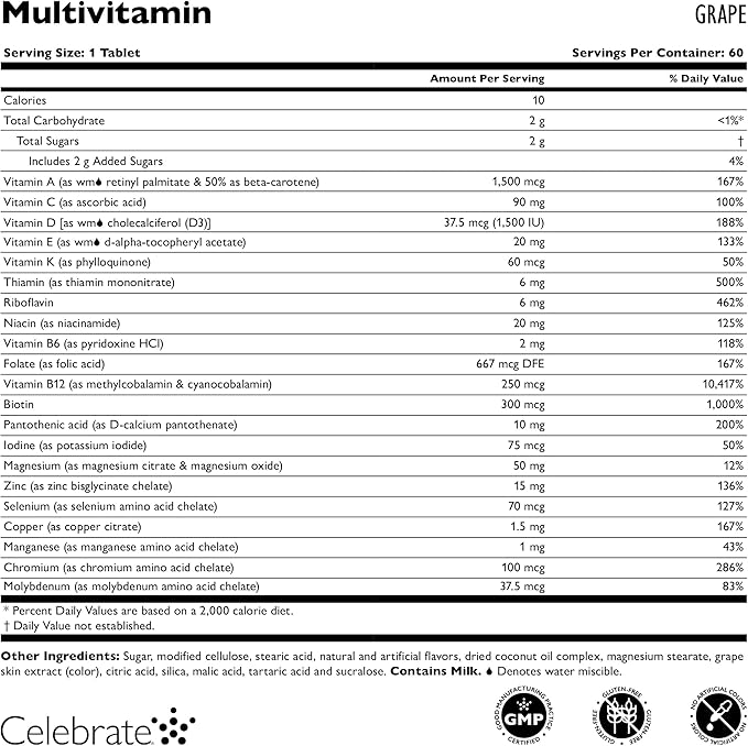 Celebrate Vitamins Bariatric Multivitamin Chewable Iron Free - Post Gastric Bypass &amp Sleeve Gastrectomy Supplement for Men &amp Women - Essential Minerals &amp Vitamin A B D &amp E - Grape (
