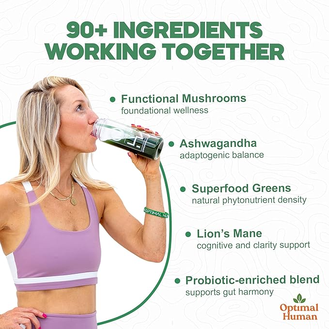 Optimal Human Superfood Greens Powder – 90+ Ingredient Blend with Lion’s Mane Supplement Ashwagandha &amp Turmeric – Non-GMO Soy-Free Mushroom Supplements for Women - 6.28 oz