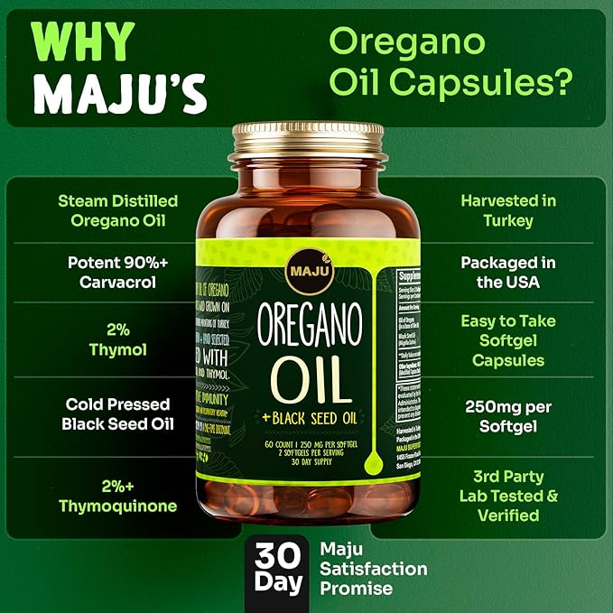 MAJU Oregano Capsules w/Black Seed Oil 2-in-1 Softgel Oil of Oregano Potent 90%+ Carvacrol High Thymoquinone 60 Count 500mg per Serving Wild Oregano and Black Seeds