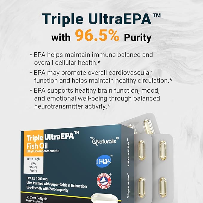 Naturalis Triple Strength UltraEPA™ EPA 1000mg | Pharmaceutical Grade High Purity 99% Omega-3 with 96.5% EPA Burpless Fish Oil | IFOS Certified Sustainably Sourced Non-GMO | 30 Softgels