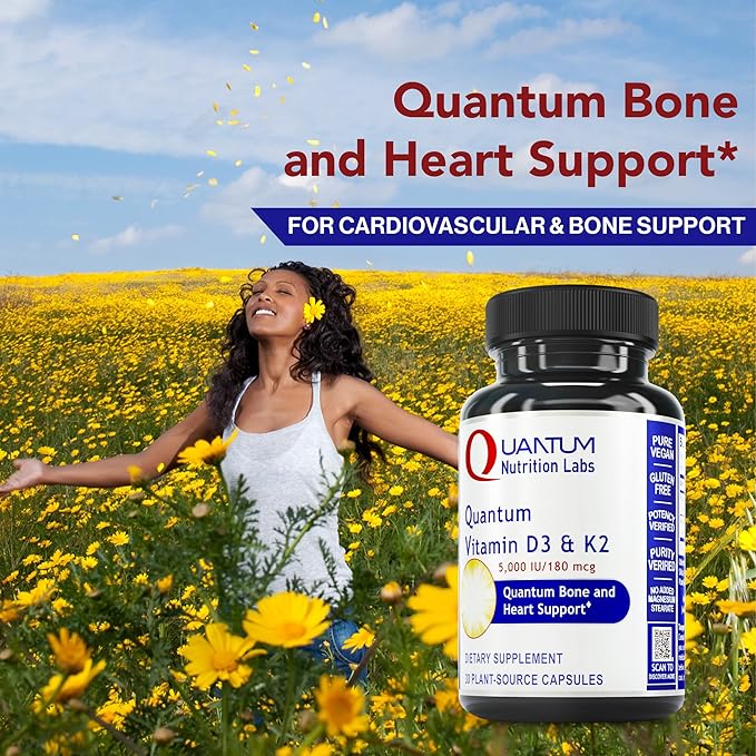 Quantum Nutrition Labs Vitamin D3 and K2 Supplement - Bone &amp Heart Health Support for Women &amp Men 5000 IU Vegan Vitamins Allows Calcium Absorption Gluten-Free - 30 Plant Based Capsules