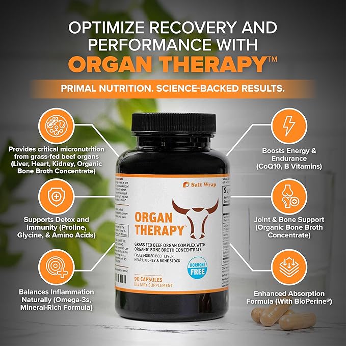SaltWrap Organ Therapy - Grass Fed Beef Organ Meat Complex Supplement with Organic Bone Broth Concentrate (Beef Liver Heart Kidney and Bone Broth Capsules with BioPerine) Desiccated 90 Capsules