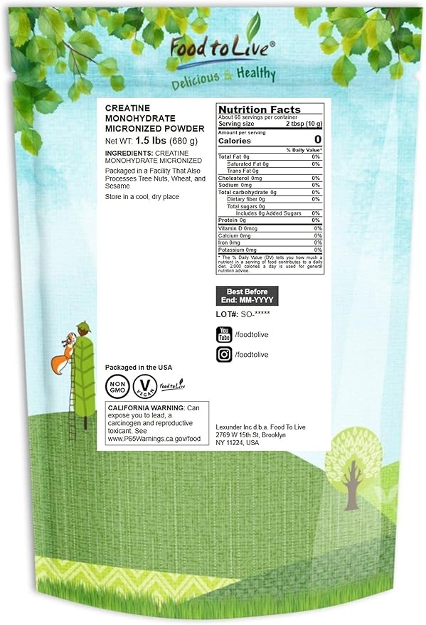 Food to Live Creatine Monohydrate Micronized Powder 1.5 Pounds – Micronized Unflavored Muscle Growth and Recovery Keto Vegan Non-GMOBulk