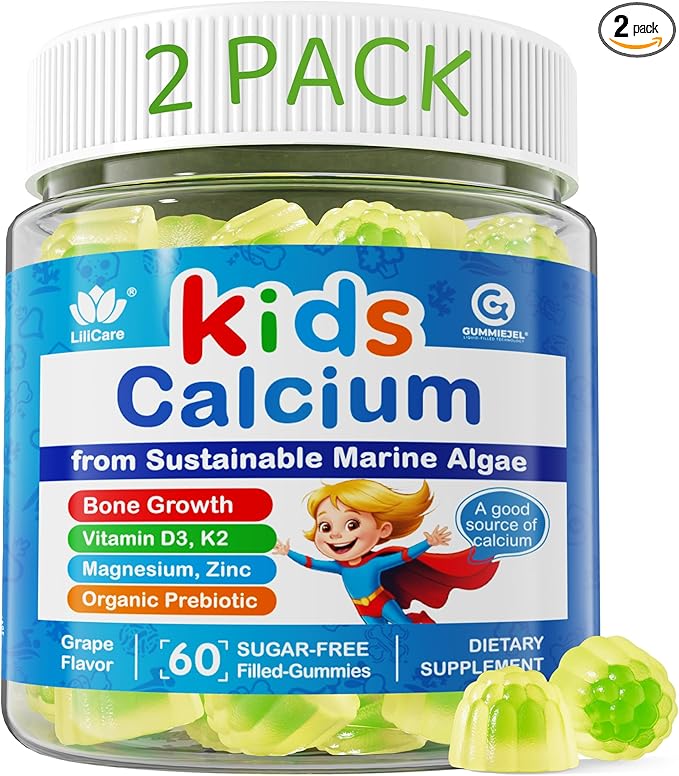 2 Pack - Calcium for Kids 400mg Sugar Free Kids Calcium Gummies w/Vitamin D3 K2 Magnesium Zinc Extra Absorption Algae Calcium for Children Bone Strength Development Chewable Kids Vitamins Vegan