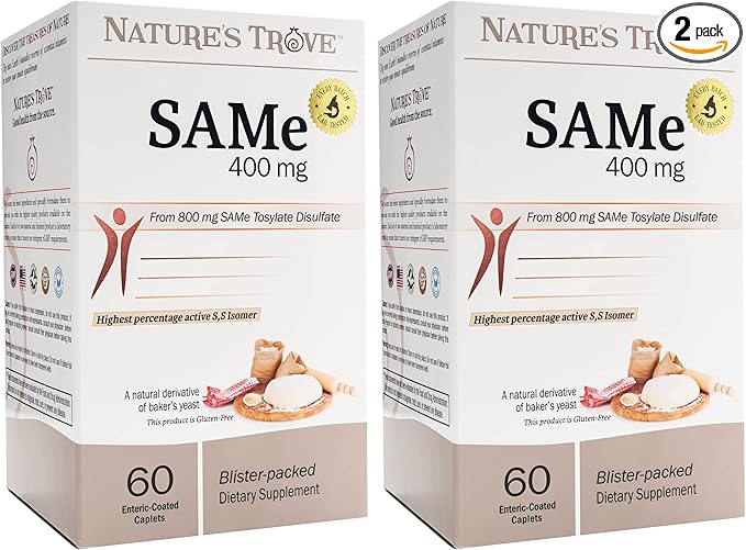 Nature's Trove SAM-e 400mg 120 Enteric Coated Caplets (2 Boxes of 60) - Vegan Kosher Non-GMO Soy Free Gluten Free - Mood and Joint Comfort - Cold Form Blister Packed