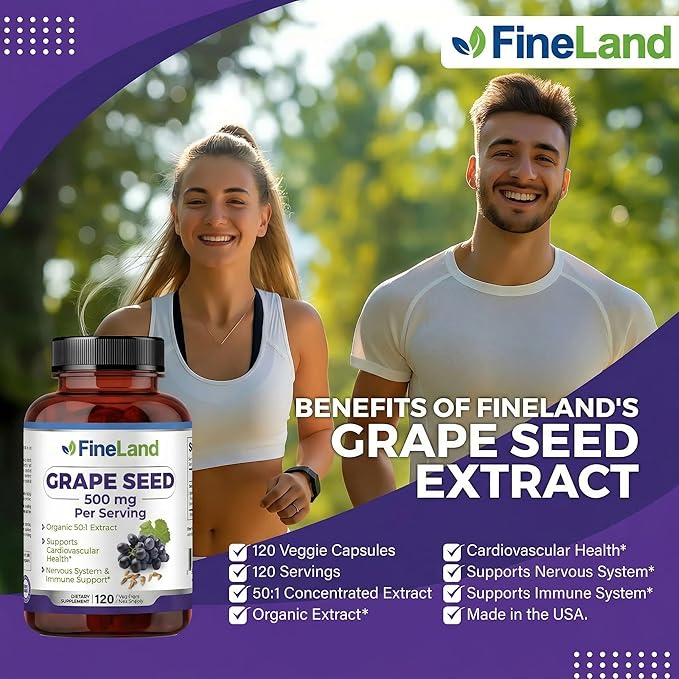 FineLand Organic Grape Seed Extract Rich in Antioxidants - Heart Immune &amp Circulation Support – 120 Vegan Capsules Non-GMO - Made in USA
