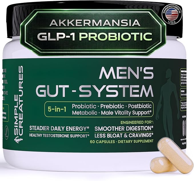 Simple Creatures Akkermansia GLP-1 Men's Probiotic – 5-in-1: Debloat · Appetite Control · Gut Barrier · Male Drive · Energy | Probiotic Prebiotic Postbiotic | Boron &amp Tongkat Ali AKK11™ | 60 Caps