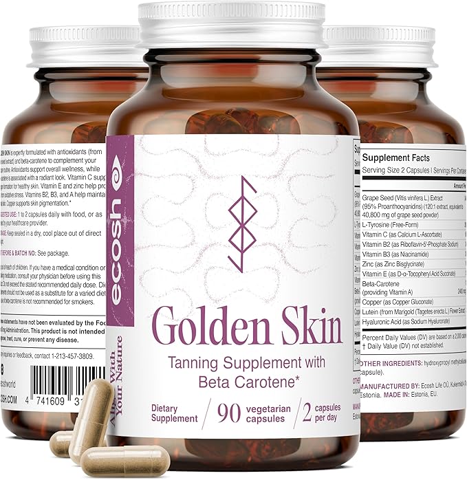 Ecosh Golden Skin Tanning Supplement for Women &amp Men – Potent Tanning Pills with Beta Carotene Lutein &amp L-Tyrosine for Skin Health | Natural Antioxidant Supplement &amp Tanning Vitamins | 90