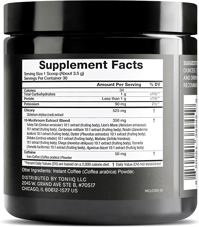 Toniiq Low-Caffeine Mushroom Coffee - Ultra High Potency 10:1 Concentrated Extract - Colombian Sourced Beans with 10 Mushroom Blend Lion's Mane &amp Cordyceps - Functional Coffee Alternative