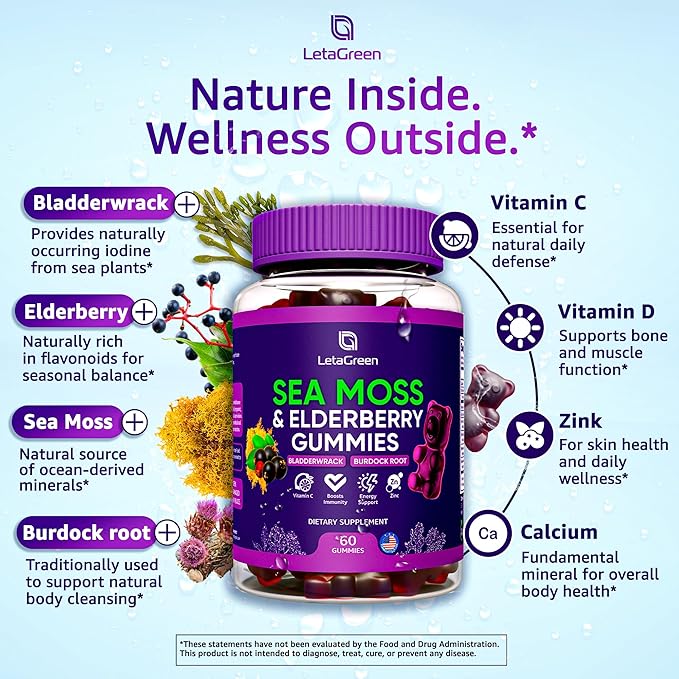 Irish Sea Moss Gummies – Bladderwrack Burdock Root Elderberry Vitamin C &amp Zinc – 60 Vegan Seamoss Gummy Bears for Adults Kids Men Women – Multimineral Elderberry Vitamins