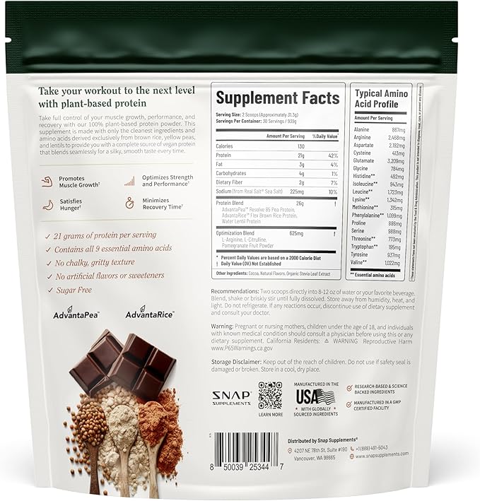Snap Supplements Organic Plant Based Vegan Protein Powder Nitric Oxide Boosting Protein Powder BCAA Amino Acid for Muscle Growth Performance &amp Recovery - 30 Servings (Chocolate)