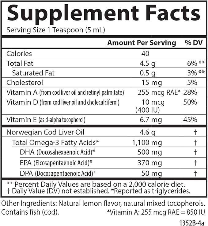 Carlson - Cod Liver Oil 1100 mg Omega-3s Plus Vitamins A &amp D3 Wild Caught Norwegian Arctic Sustainably Sourced Nordic Fish Oil Liquid Lemon 500 mL (16.9 Fl Oz)