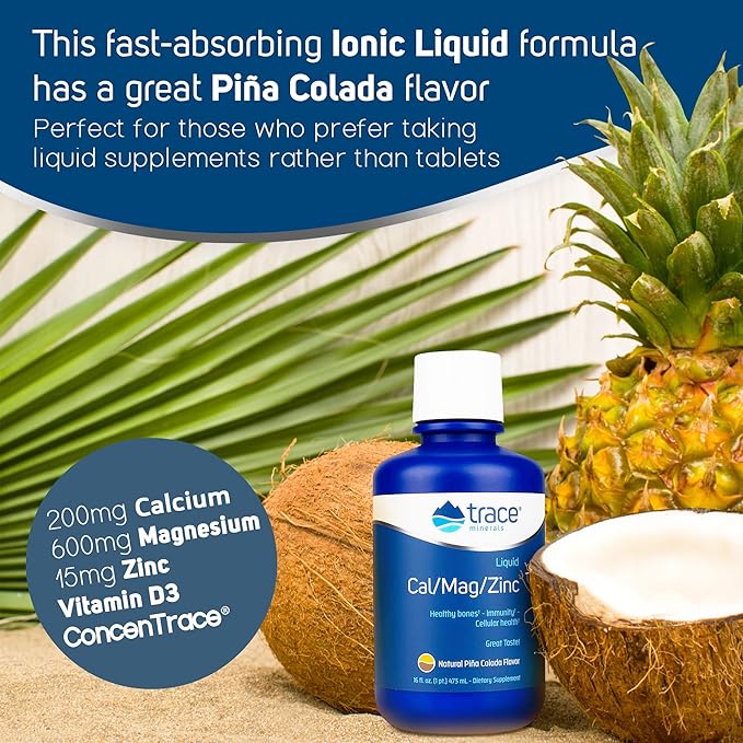 Trace Minerals Cal/Mag/Zinc - Liquid Mineral Supplement for Natural Body Health - Bone Muscle &amp Cellular Health - Supports Immunity &amp Energy - Gluten-Free - 16Fl Oz (32 Servings) - Pineapple