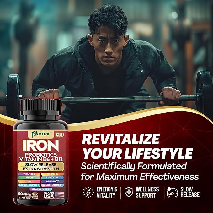 Iron Supplement Slow Release Iron Probiotics Spirulina Turmeric Vitamin B6 Methylated B12 Vitamin C Zinc Beetroot Nettle Leaf Dandelion Root Black Pepper Extra Strength 60 Capsules 3Pack