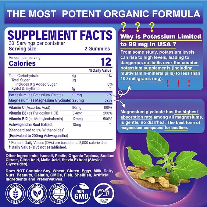 Potassium Magnesium Gummies - Potassium Supplement w/Ashwagandha 200mg Magnesium GlycinateB6B12P-otassium Citrate for Leg CrampsMuscleElectroyte for Adults KidsSugar-Free 2 Pack