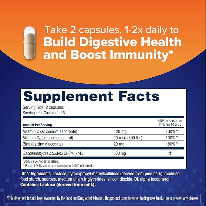 Florastor Select Immunity Boost Daily Probiotic &amp Immune Support Supplement for Women and Men Saccharomyces Boulardii CNCM I-745 Plus Zinc Vitamin C &amp D3 (30 Capsules)